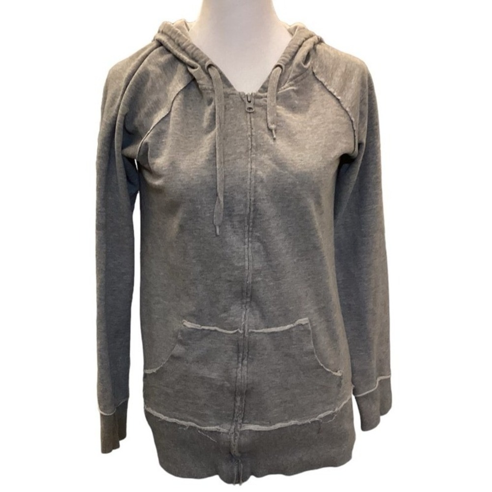 Starling Gray Zip Up Hoodie Raw Edge Exposed Seam Longline Sweatshirt Size Small